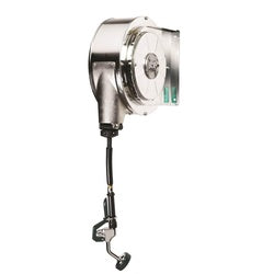 Stainless steel enclosed hose reel assembly with retractable hose and wall-mounted bracket.