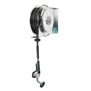 Stainless steel wall-mounted hose reel with black hose coiled on silver spool and retractable nozzle attachment.