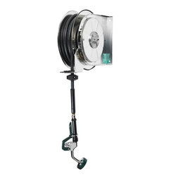 Stainless steel wall-mounted hose reel with black hose coiled on silver spool and retractable nozzle attachment.