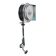 Gray powder coated wall-mounted hose reel with black hose and retractable cord mechanism.