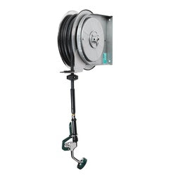 Gray powder coated wall-mounted hose reel with black hose and retractable cord mechanism.