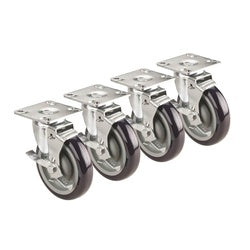 Four metal plate casters with black wheels and swivel mechanisms arranged in a row.