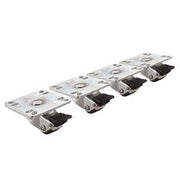 Four metal plate casters with black rubber wheels arranged in a row, each with mounting holes on the top plate.