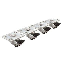 Four metal plate casters with black rubber wheels arranged in a row, each with mounting holes on the top plate.
