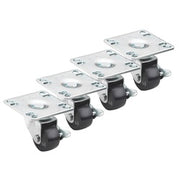 Four low-profile plate casters with 2-inch wheels and metal mounting plates arranged in a row.