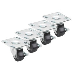 Four low-profile plate casters with 2-inch wheels and metal mounting plates arranged in a row.