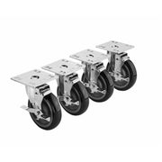 Set of four metal plate casters with black wheels and locking mechanisms aligned in a row.