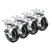 Four chrome plate casters with black rubber wheels and swivel steering mechanisms arranged in a row.