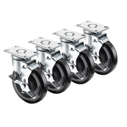 Four chrome plate casters with black rubber wheels and swivel steering mechanisms arranged in a row.