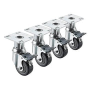 Set of four chrome plate casters with black wheels, adjustable height mechanism, and locking brakes.