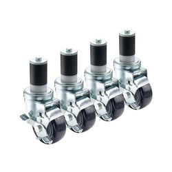 Four metal stem casters with black rubber wheels and locking brakes arranged in a row.