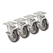 Four heavy-duty plate casters with metal frames and gray wheels arranged in a row.