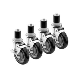 Four stem casters with black wheels and metal brackets arranged in a row.
