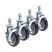 Four metal casters with black rubber wheels and chrome stems arranged in a row.