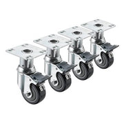 Four metal plate casters with black wheels and adjustable height stems arranged in a row.