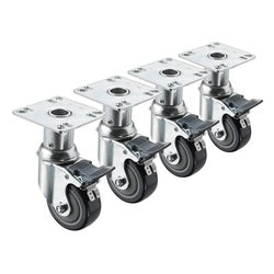 Four metal plate casters with black wheels and adjustable height stems arranged in a row.