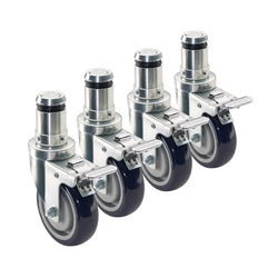 Four chrome stem casters with 4-inch black wheels and locking brakes arranged in a row.