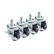 Four metal casters with black rubber wheels and threaded stems arranged in a row.