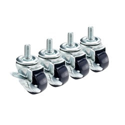 Four metal casters with black rubber wheels and threaded stems arranged in a row.