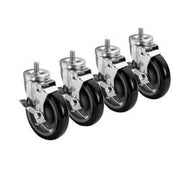 Four metal casters with black wheels and threaded stems arranged in a row.