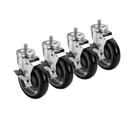 Four metal casters with black wheels and threaded stems arranged in a row.