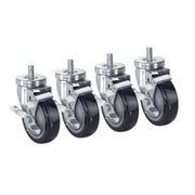 Four metal casters with black rubber wheels and threaded stems, arranged in a row.