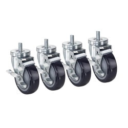 Four metal casters with black rubber wheels and threaded stems, arranged in a row.