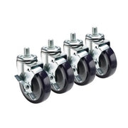 Four black rubber casters with metal threaded stems and swivel brackets arranged in a row.