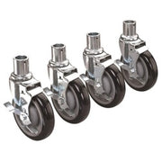 Four metal casters with black rubber wheels and threaded stems arranged in a row.