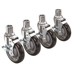 Four metal casters with black rubber wheels and threaded stems arranged in a row.
