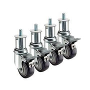 Four metal casters with black wheels and adjustable threaded stems lined up in a row.