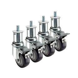 Four metal casters with black wheels and adjustable threaded stems lined up in a row.