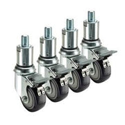 Four metal casters with black wheels and threaded stems arranged in ascending height order.