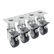Four metal plate casters with black wheels and adjustable height mechanisms arranged in a row.