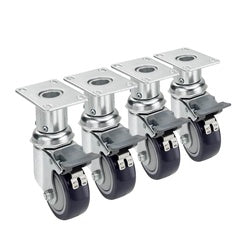 Four metal plate casters with black wheels and adjustable height mechanisms arranged in a row.