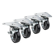 Four heavy-duty plate casters with black wheels and chrome-plated metal brackets arranged in a row.