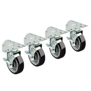 Four heavy-duty plate casters with black wheels and metal brackets arranged in a row.