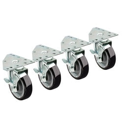 Four heavy-duty plate casters with black wheels and metal brackets arranged in a row.