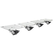 Four metal plate casters with black rubber wheels arranged in a row.