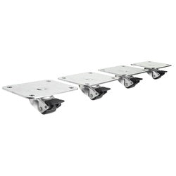 Four metal plate casters with black rubber wheels arranged in a row.