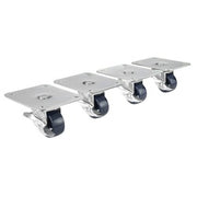 Four plate casters with 2-inch wheels and metal mounting plates arranged in a row.