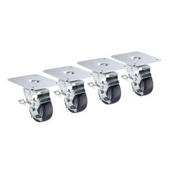 Set of four metal plate casters with black swivel wheels, arranged in a row showing different angles.