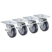 Four metal plate casters with gray rubber wheels and swivel brackets arranged in a row.