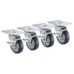 Four metal plate casters with gray rubber wheels and swivel brackets arranged in a row.