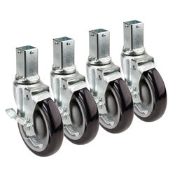 Set of four casters with square metal posts, black wheels, and silver metal brackets arranged in a row.
