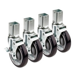 Four metal shelving casters with 5-inch black wheels and square post stems arranged in a row.