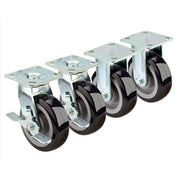 Four heavy-duty plate casters with 6-inch black wheels and metal mounting brackets arranged in a row.