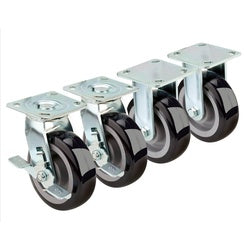 Four heavy-duty plate casters with 6-inch black wheels and metal mounting brackets arranged in a row.