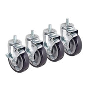 Set of four heavy-duty casters with chrome stems, black rubber wheels, and metal mounting brackets arranged in a row.