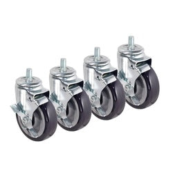Set of four heavy-duty casters with chrome stems, black rubber wheels, and metal mounting brackets arranged in a row.